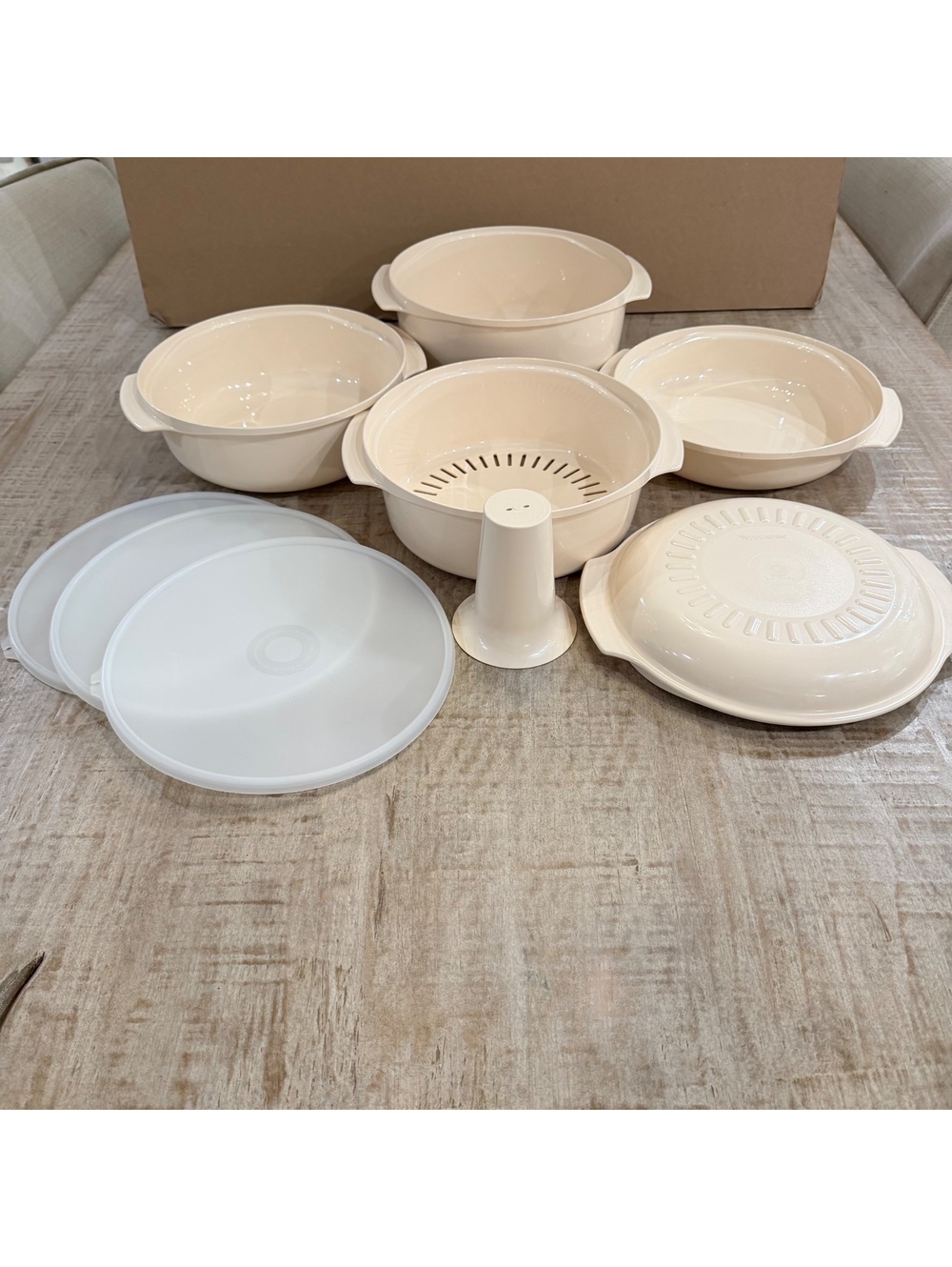Vintage Tupperware TupperWave Stack Cooker Almond 9 Pc Set 3 Seals Cone Colander
